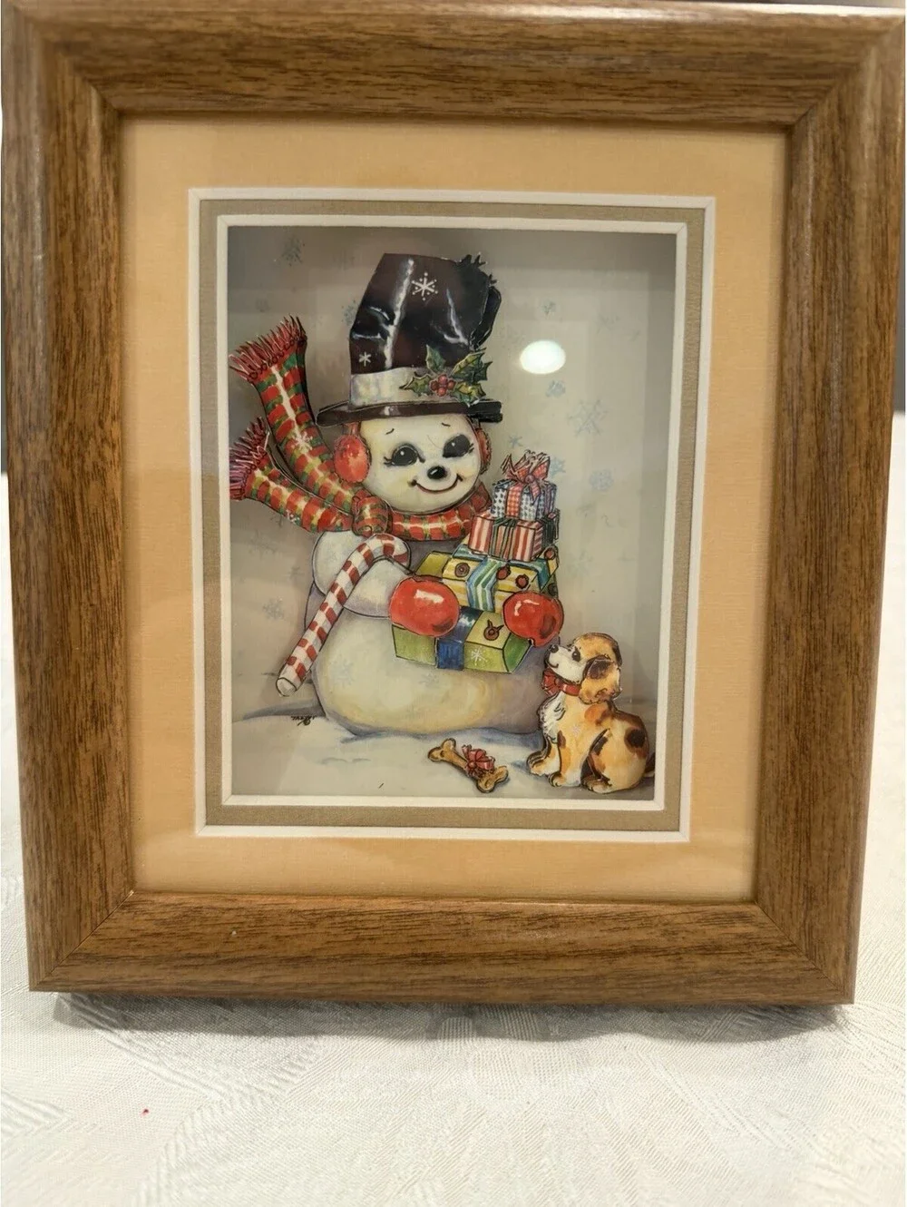 Vtg Christmas 3D Shadowbox Snowman & Puppy  Picture Excellent